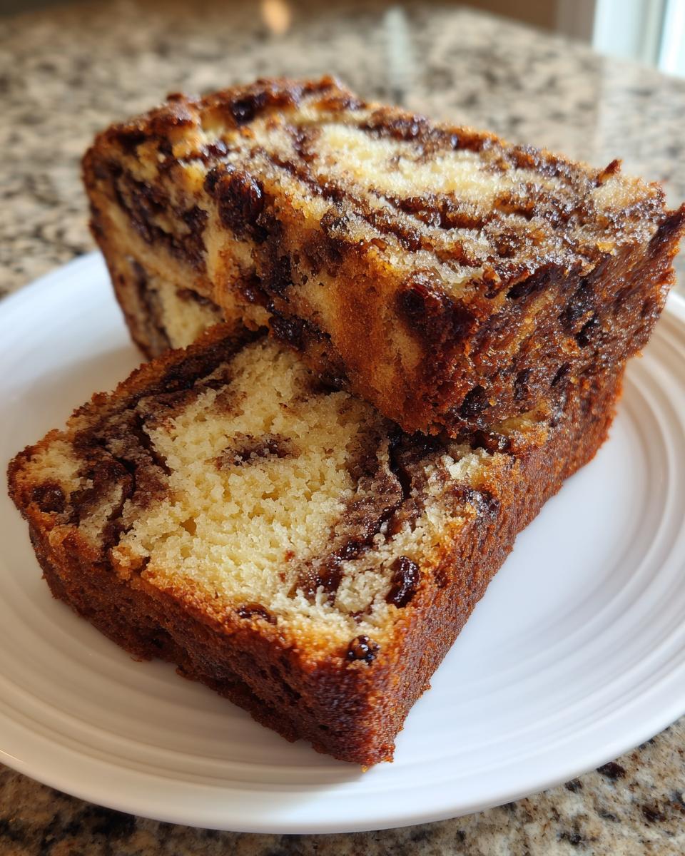 Two thick slices of moist raisin bread stacked on a white plate, showing the swirl of cinnamon and raisins.