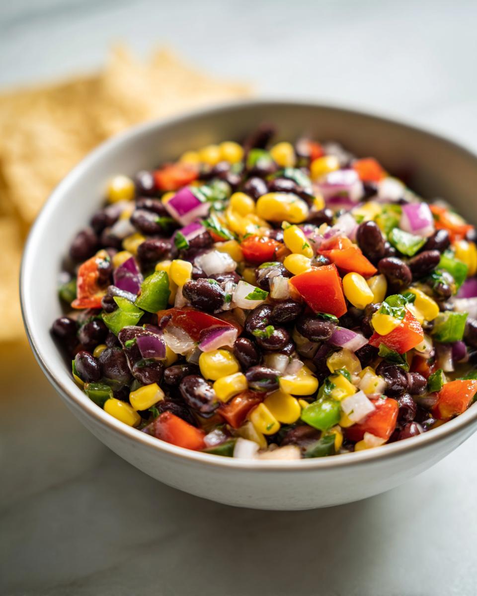 Close-up of vibrant cowboy caviar featuring black beans, corn, red onion, and peppers in a white bowl.