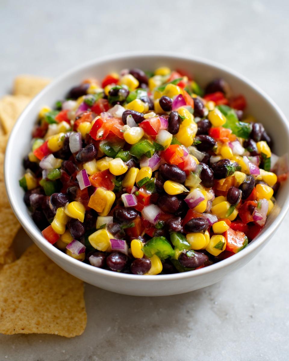 Close-up of a white bowl filled with colorful cowboy caviar, featuring black beans, corn, peppers, and red onion, served with tortilla chips.