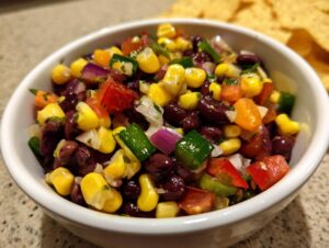 Close-up of fresh cowboy caviar featuring black beans, corn, red onion, and peppers in a white bowl.