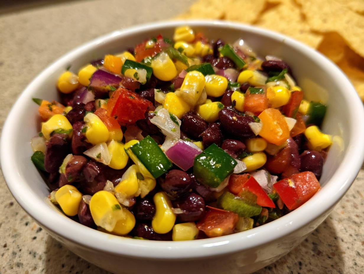 Close-up of fresh cowboy caviar featuring black beans, corn, red onion, and peppers in a white bowl.