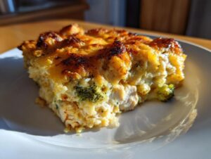 A close-up serving of creamy, cheesy rice casserole with visible chunks of chicken and broccoli florets.