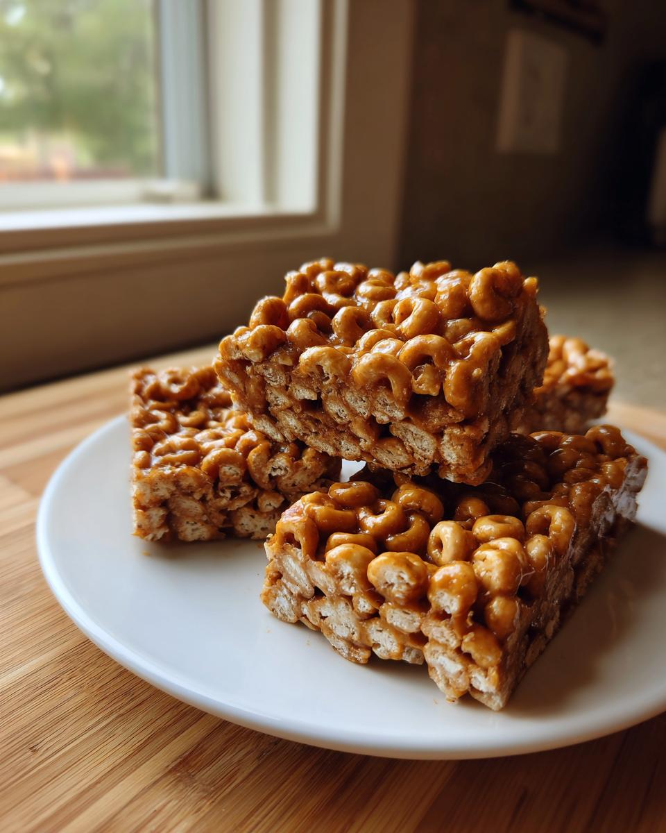 A close-up of several sticky, golden-brown cheerio bars stacked on a white plate.