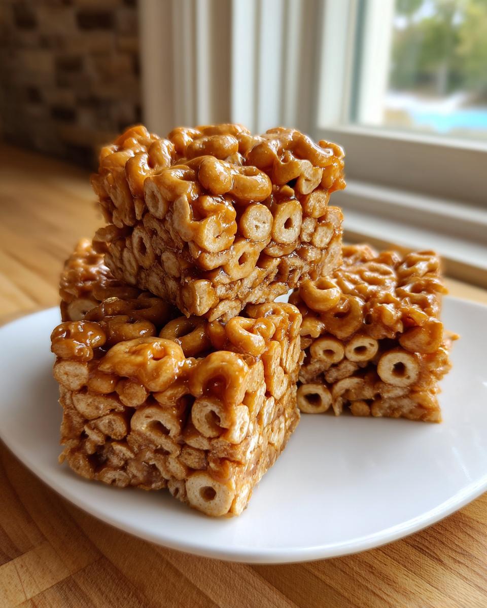 Close-up of three stacked, sticky, golden-brown cheerio bars made from O-shaped cereal on a white plate.