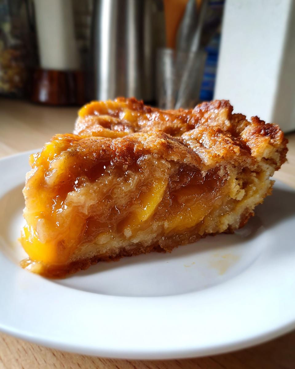 A close-up of a thick slice of golden brown fruit cobbler, showing juicy peach filling.