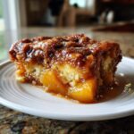 Close-up of a moist slice of peach cobbler with a rich, gooey brown sugar topping.