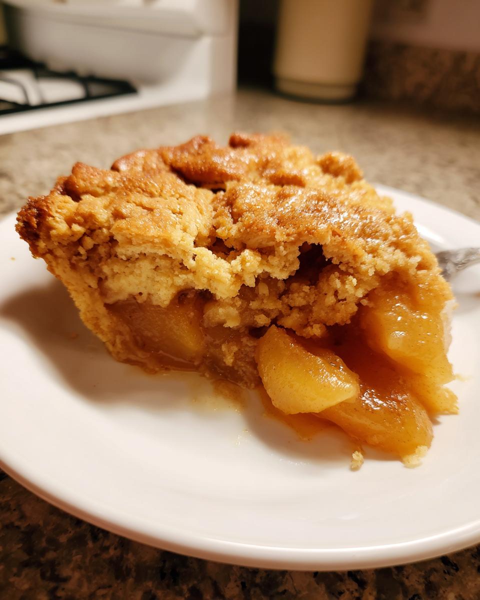 Close-up of a serving of apple cobbler with a thick, crumbly topping and gooey fruit filling.