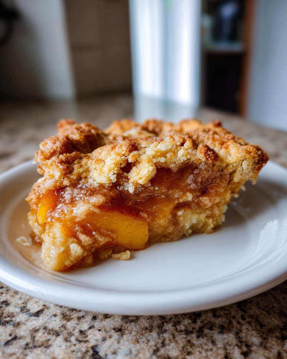 A close-up of a square slice of peach cobbler with a crumbly topping, served on a white plate.