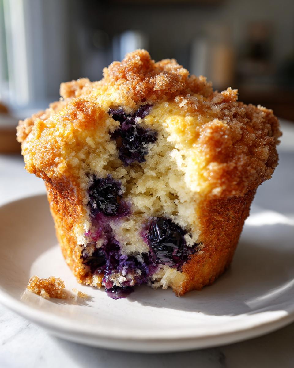 A close-up view of a delicious blueberry muffin, broken open to show moist interior and juicy berries, topped with streusel.