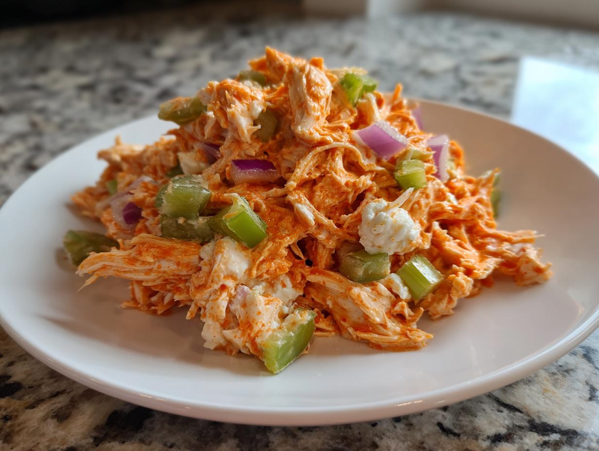A mound of bright orange buffalo chicken salad mixed with celery and red onion on a white plate.