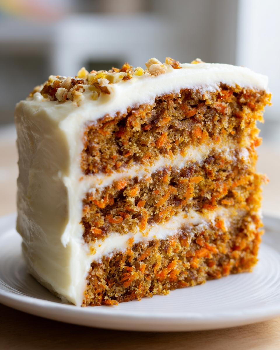 A moist, three-layer slice of carrot cake recipe, generously frosted with cream cheese icing and topped with chopped walnuts.