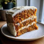A thick slice of amazing carrot cake featuring visible shredded carrots, layered with cream cheese frosting.