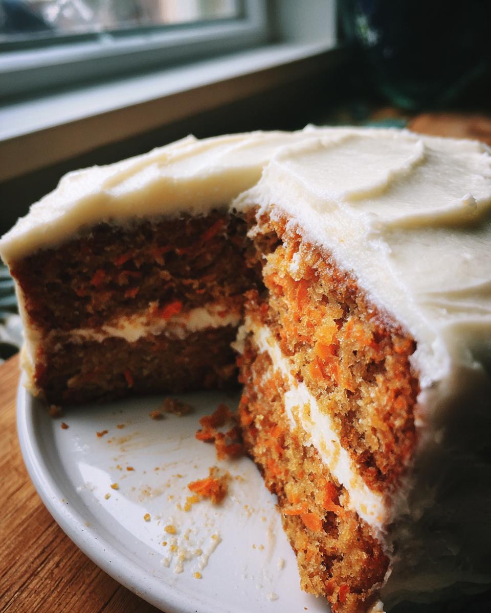 Close-up of a moist slice of amazing carrot cake with thick cream cheese frosting layers.