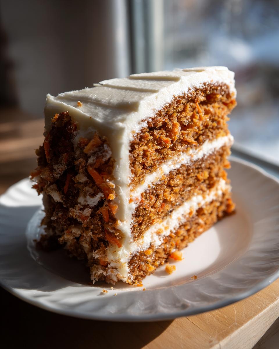 A tall, three-layer slice of moist carrot cake topped with thick cream cheese frosting, sitting on a white plate.