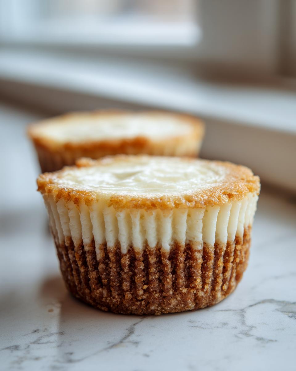A close-up of a baked cheesecake cupcake showing the graham cracker crust and creamy filling.