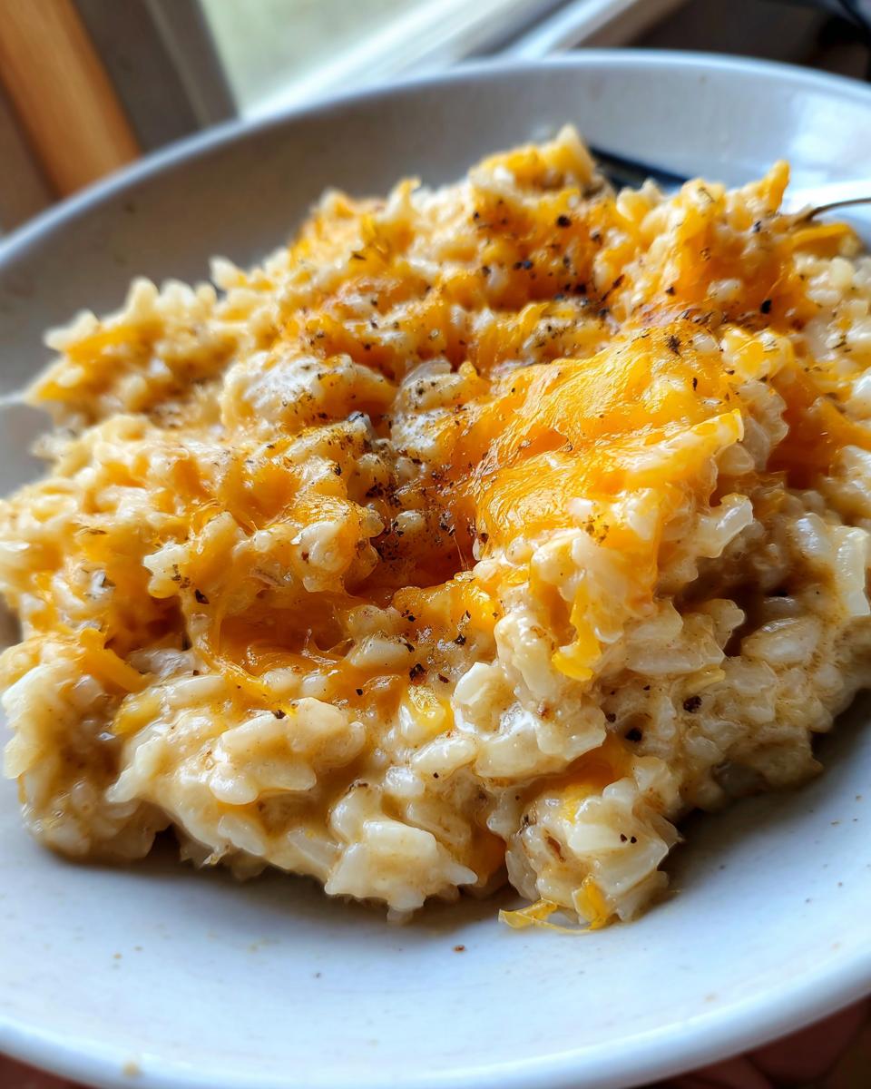 Close-up of a creamy bowl of cheesy rice topped with melted orange cheddar cheese and cracked black pepper.