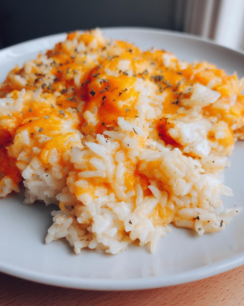 A close-up view of a serving of amazing cheesy rice topped with melted cheddar cheese and dried herbs.
