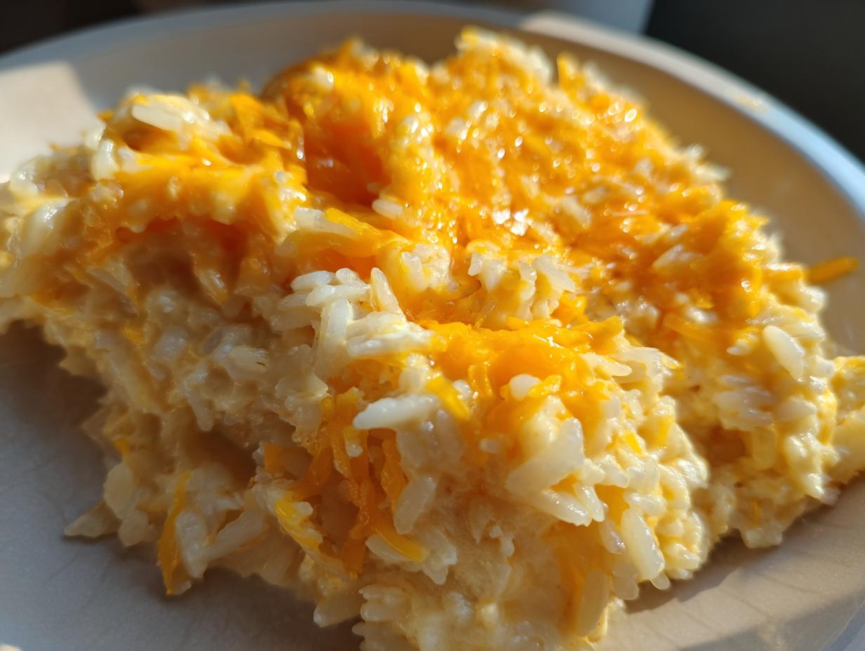 A close-up serving of creamy, white rice topped generously with melted, shredded cheddar cheese, highlighting the cheesy rice texture.