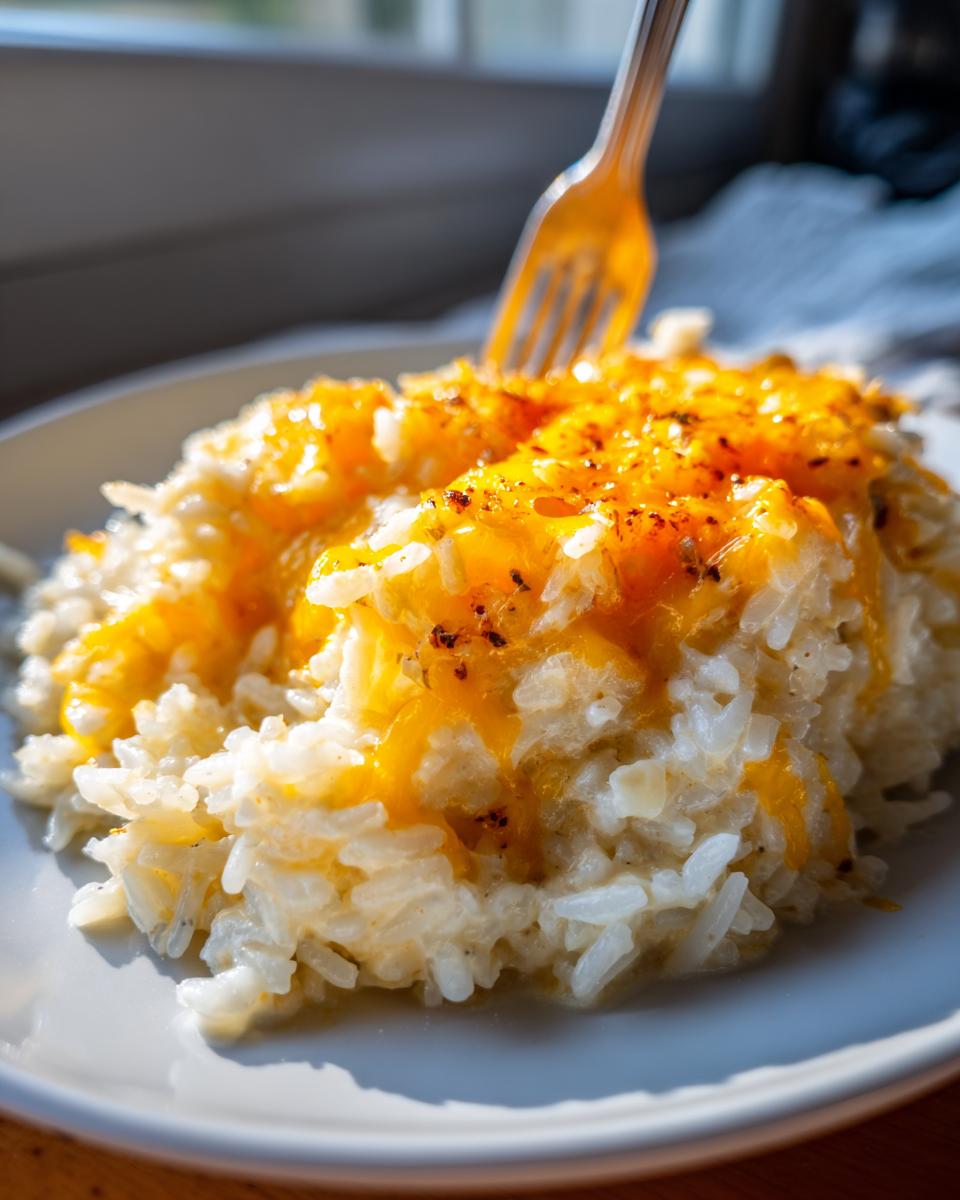 Close-up of creamy cheesy rice topped with melted orange cheddar cheese and spices, with a fork dipping in.