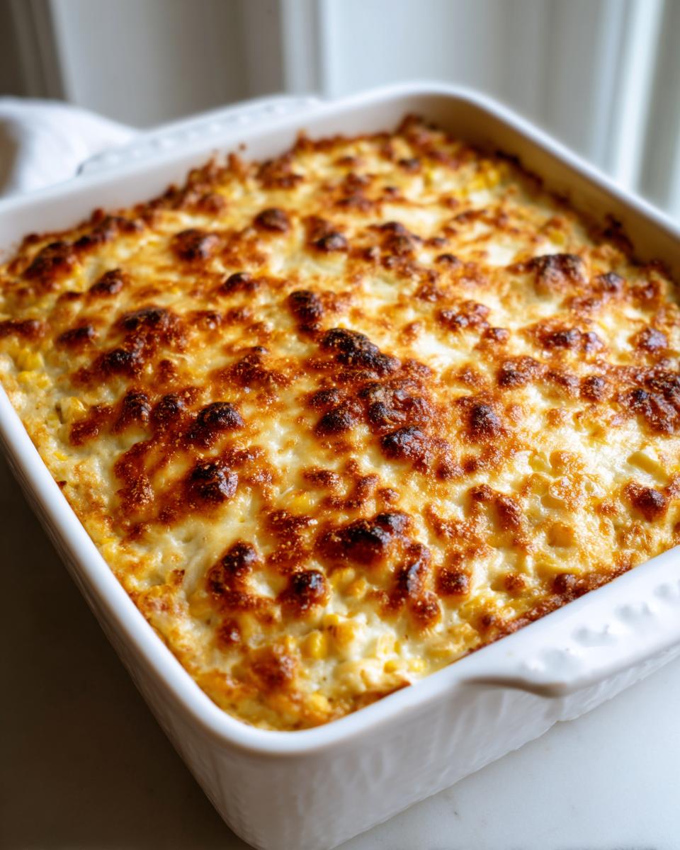 Close-up of a square white baking dish filled with hot, creamy elote dip topped with bubbly, browned cheese.