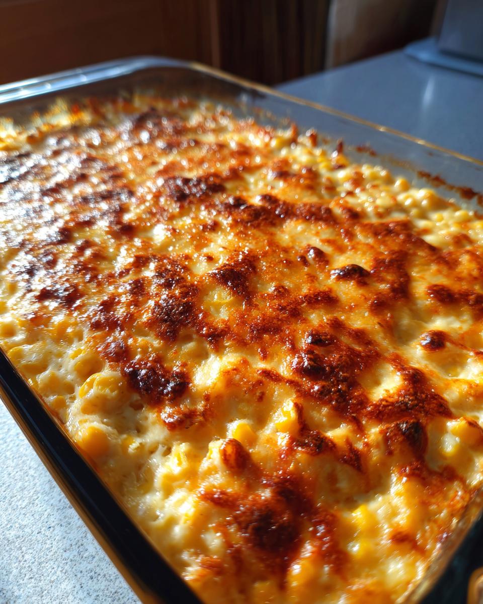 Close-up of a freshly baked elote dip in a glass dish, featuring a creamy corn base and a richly browned, bubbly cheese topping.