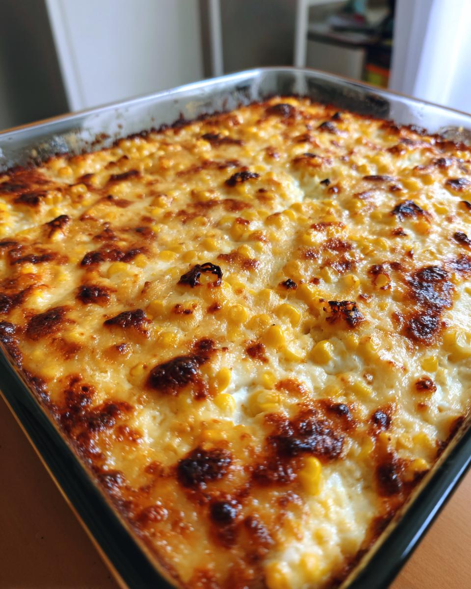 Close-up of a hot, baked elote dip in a glass dish, featuring creamy corn and a bubbly, browned cheese topping.