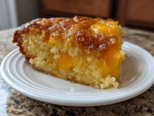 A close-up of a moist slice of fruit cobbler with a glistening, caramelized top and visible chunks of orange fruit.