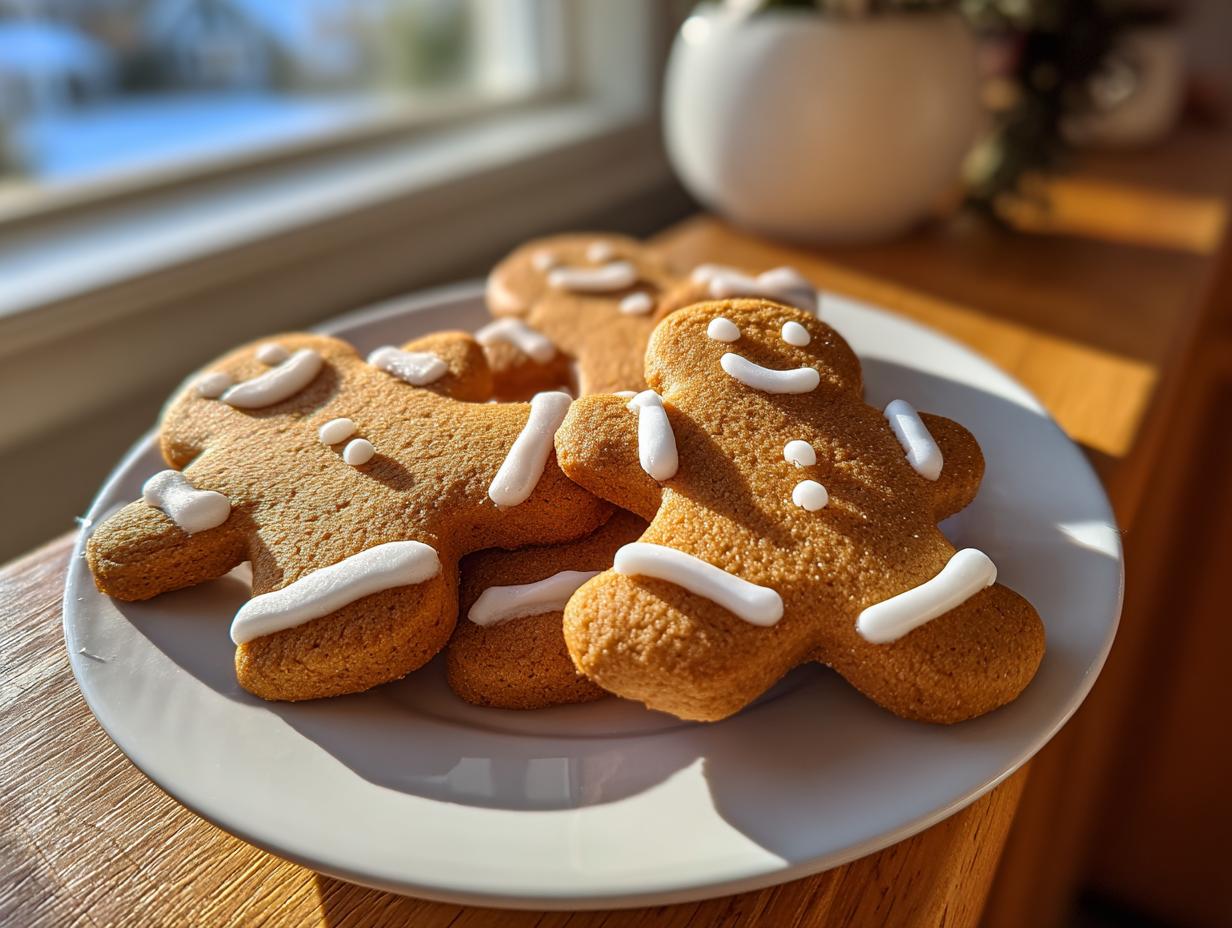 A stack of freshly baked gingerbread cookies decorated with simple white icing smiles and buttons.