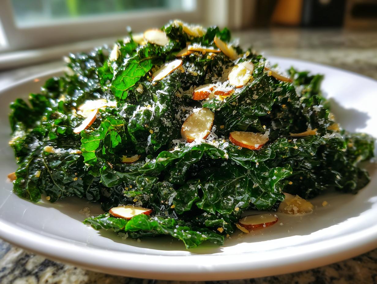 A vibrant close-up of a fresh kale salad topped with sliced almonds and grated cheese.
