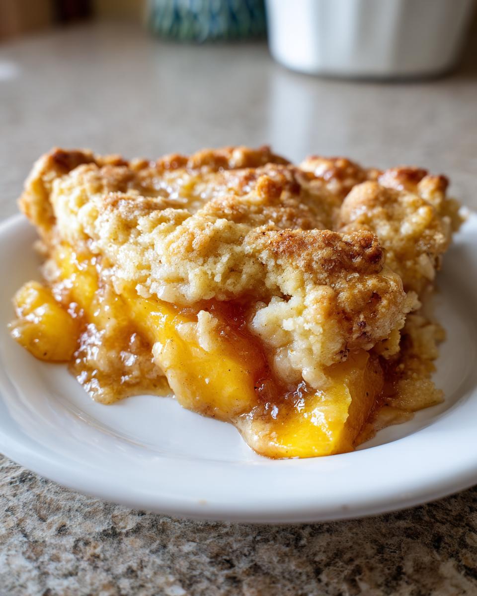 A close-up of a warm slice of peach cobbler with a crumbly topping served on a white plate.