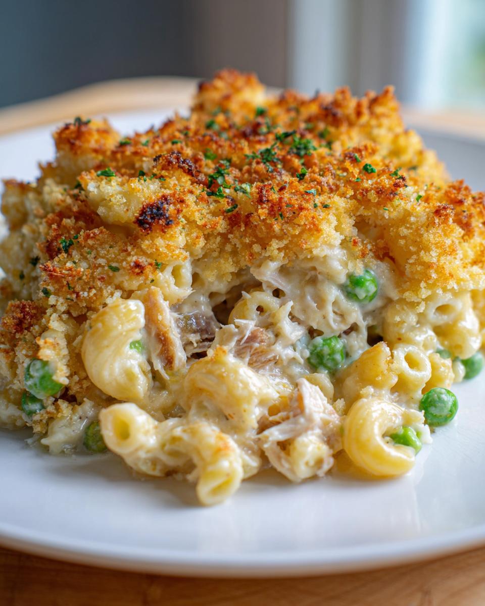 A close-up serving of creamy tuna pasta bake with elbow macaroni and peas, topped with a golden, crispy breadcrumb crust.
