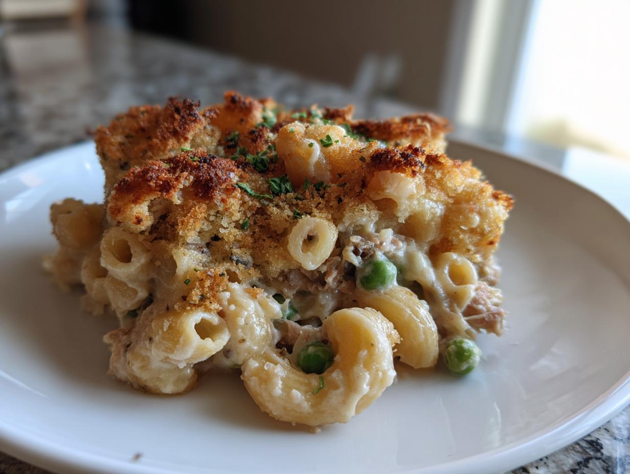 A square serving of creamy tuna pasta bake with elbow macaroni, peas, and a golden brown breadcrumb topping.