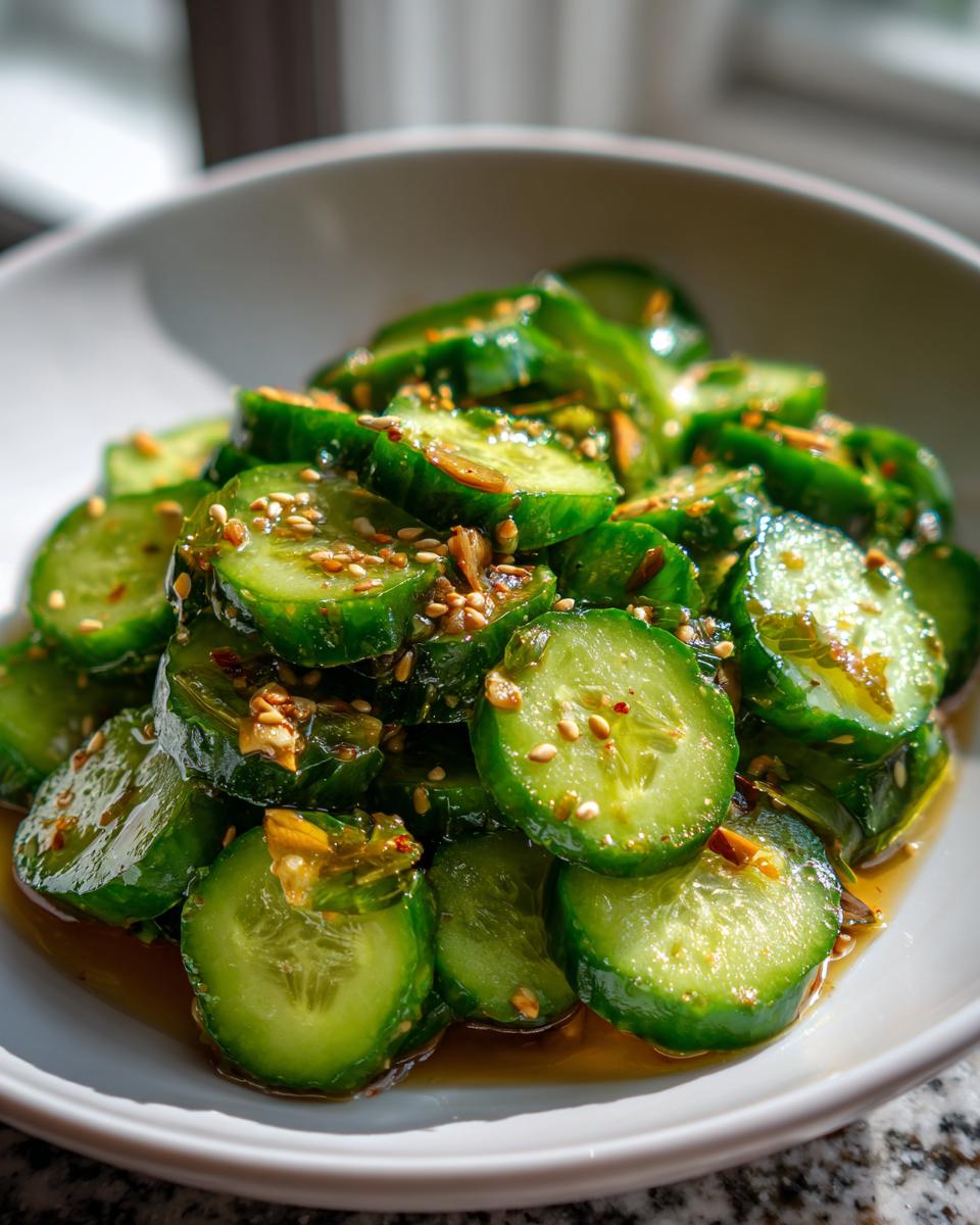 Close-up of sliced cucumbers glistening in a savory dressing, topped with sesame seeds, part of an asian cucumber salad.