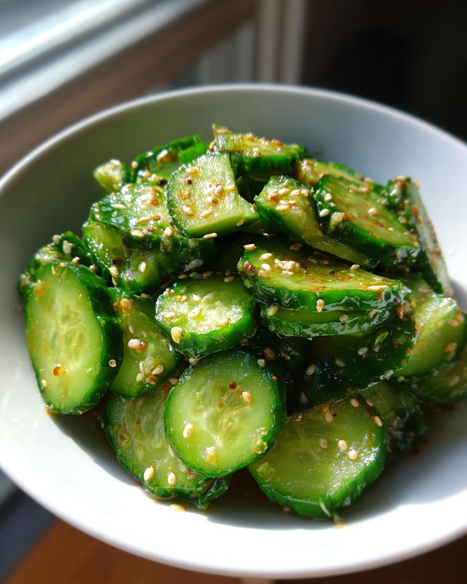 Close-up of vibrant green, sliced cucumbers coated in dressing and sprinkled with sesame seeds for an asian cucumber salad.