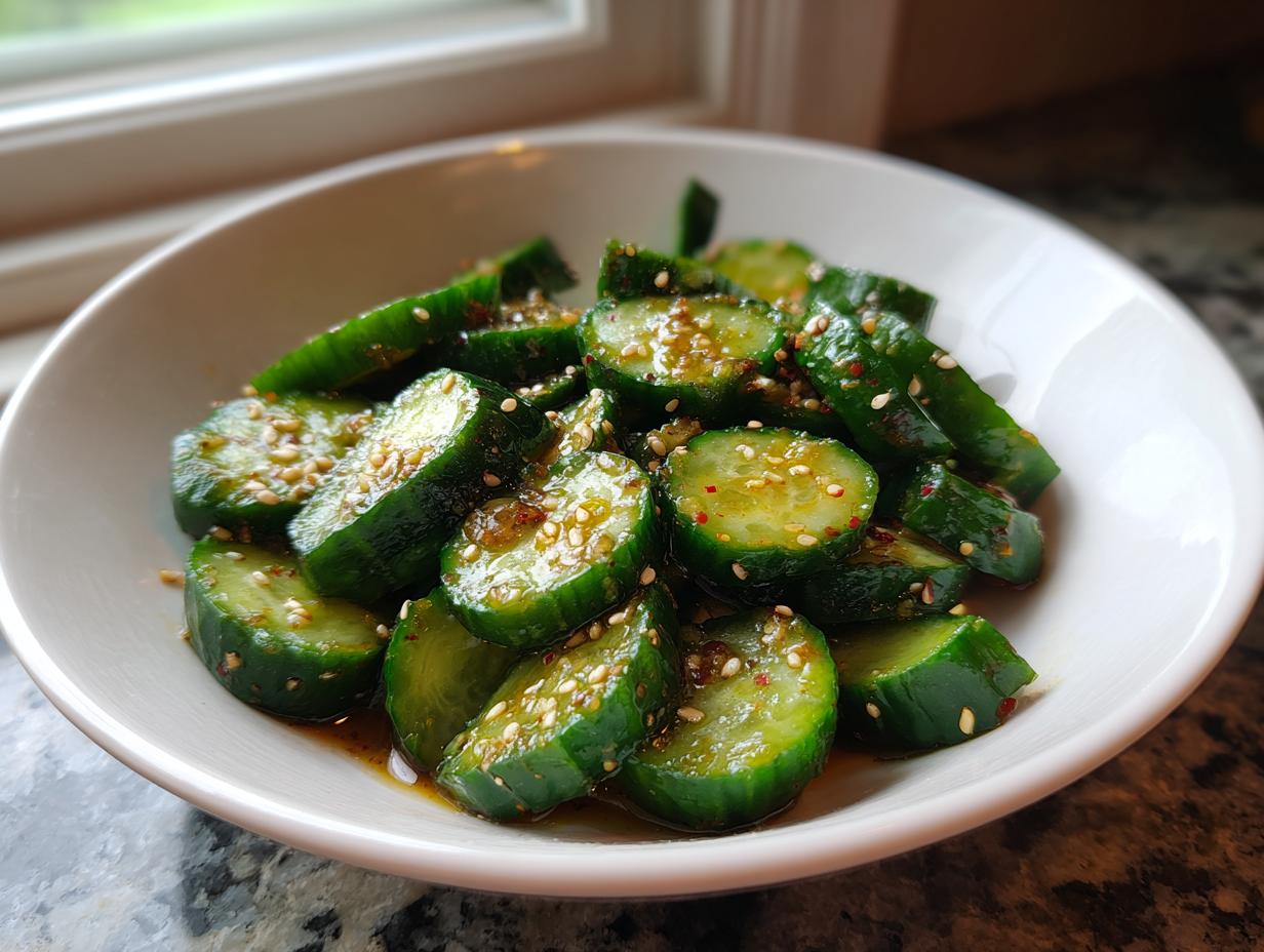 Close-up of sliced cucumbers tossed in a savory dressing, garnished with sesame seeds, representing an asian cucumber salad.