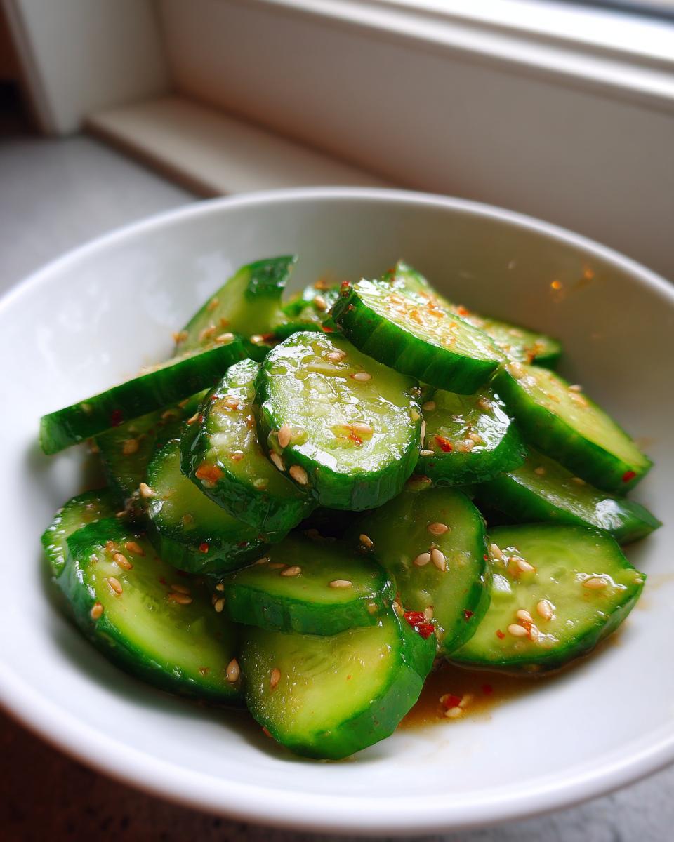 Close-up of bright green, sliced asian cucumber salad tossed in dressing and sprinkled with sesame seeds.