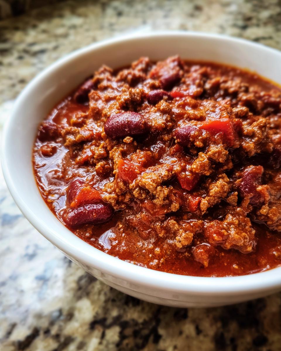 Close-up of a hearty bowl of rich, meaty chili with visible kidney beans and tomato chunks.