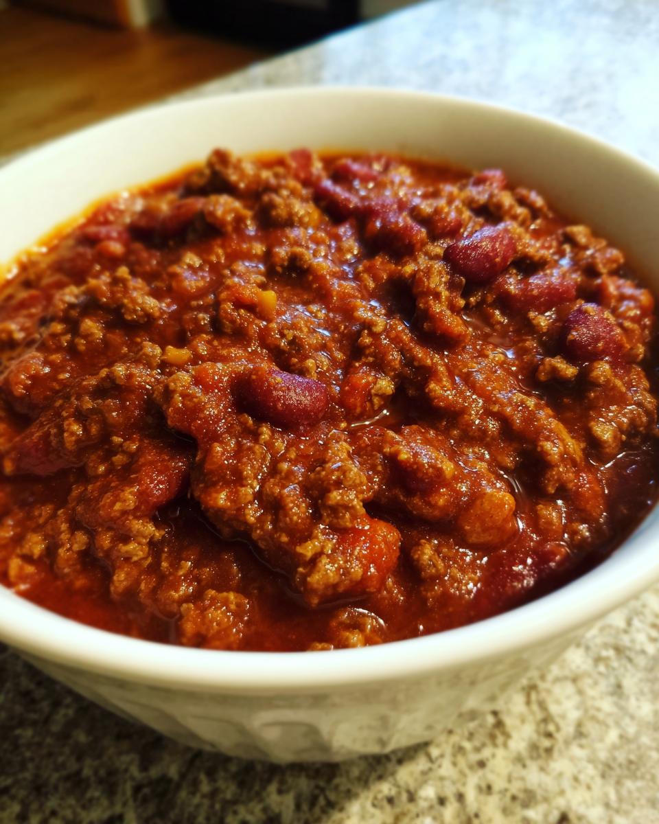 Close-up of a hearty bowl filled with rich, thick chili featuring ground meat and kidney beans, central to the best award winning chili recipe.