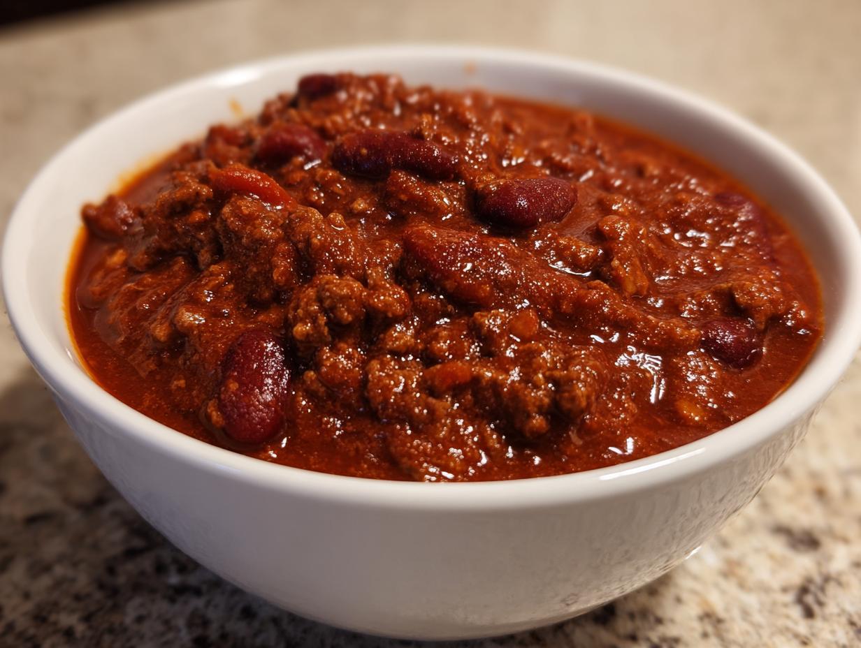 Close-up of a white bowl filled with rich, thick, award winning chili featuring ground meat and kidney beans.