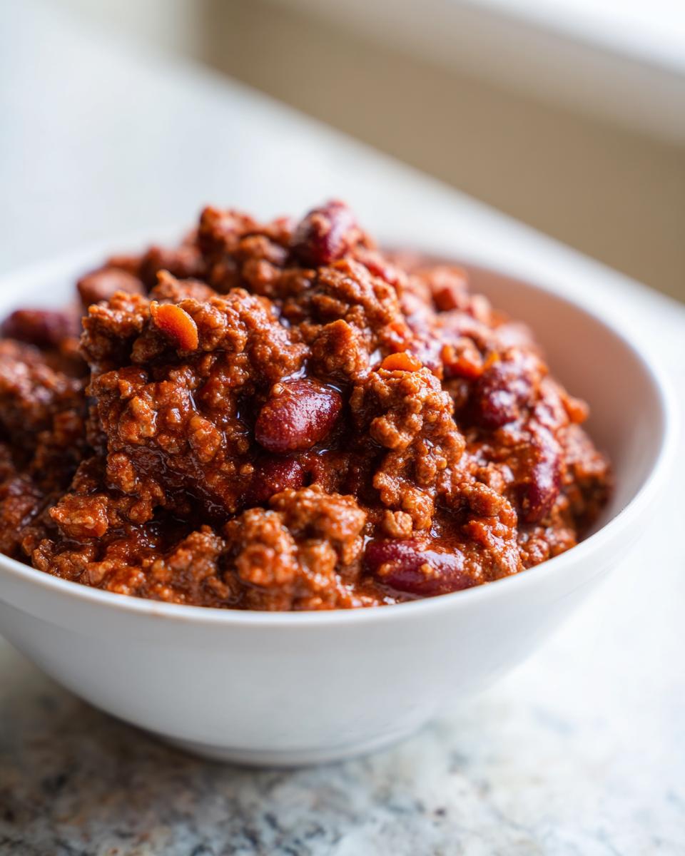 Close-up of a white bowl filled with rich, thick chili featuring ground meat and dark red kidney beans.