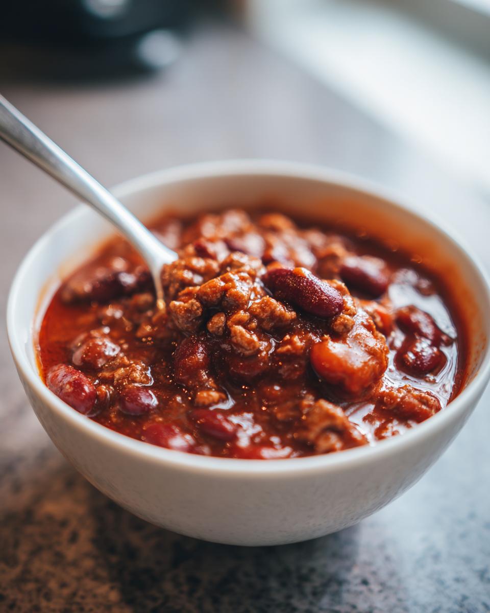 Close-up shot of a spoonful of rich, meaty chili with kidney beans being lifted from a white bowl.