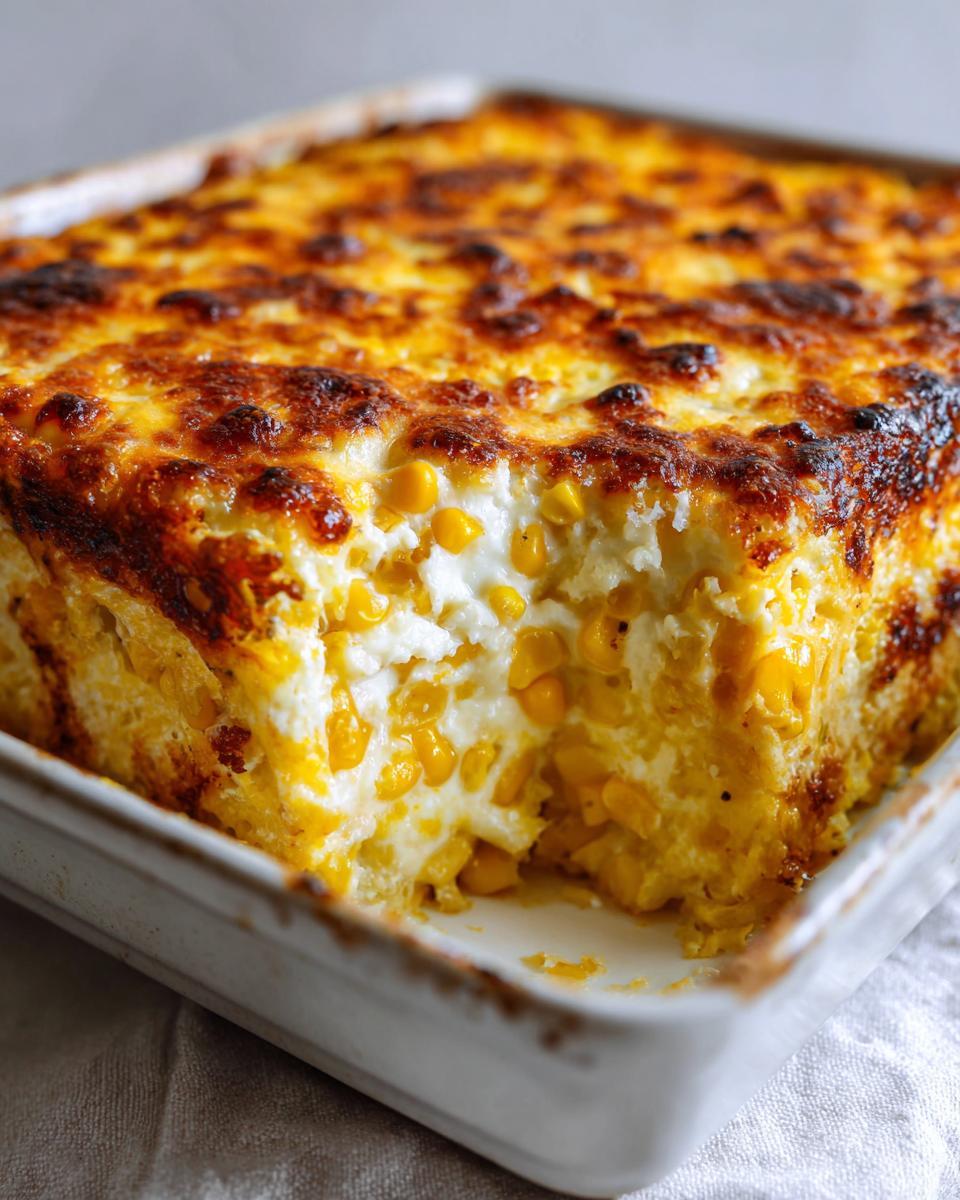 Close-up of a baked elote dip in a white casserole dish showing creamy corn filling and a bubbly, browned cheese crust.