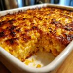 A close-up of a baked elote dip in a white casserole dish, showing creamy corn and a deeply browned, cheesy top.