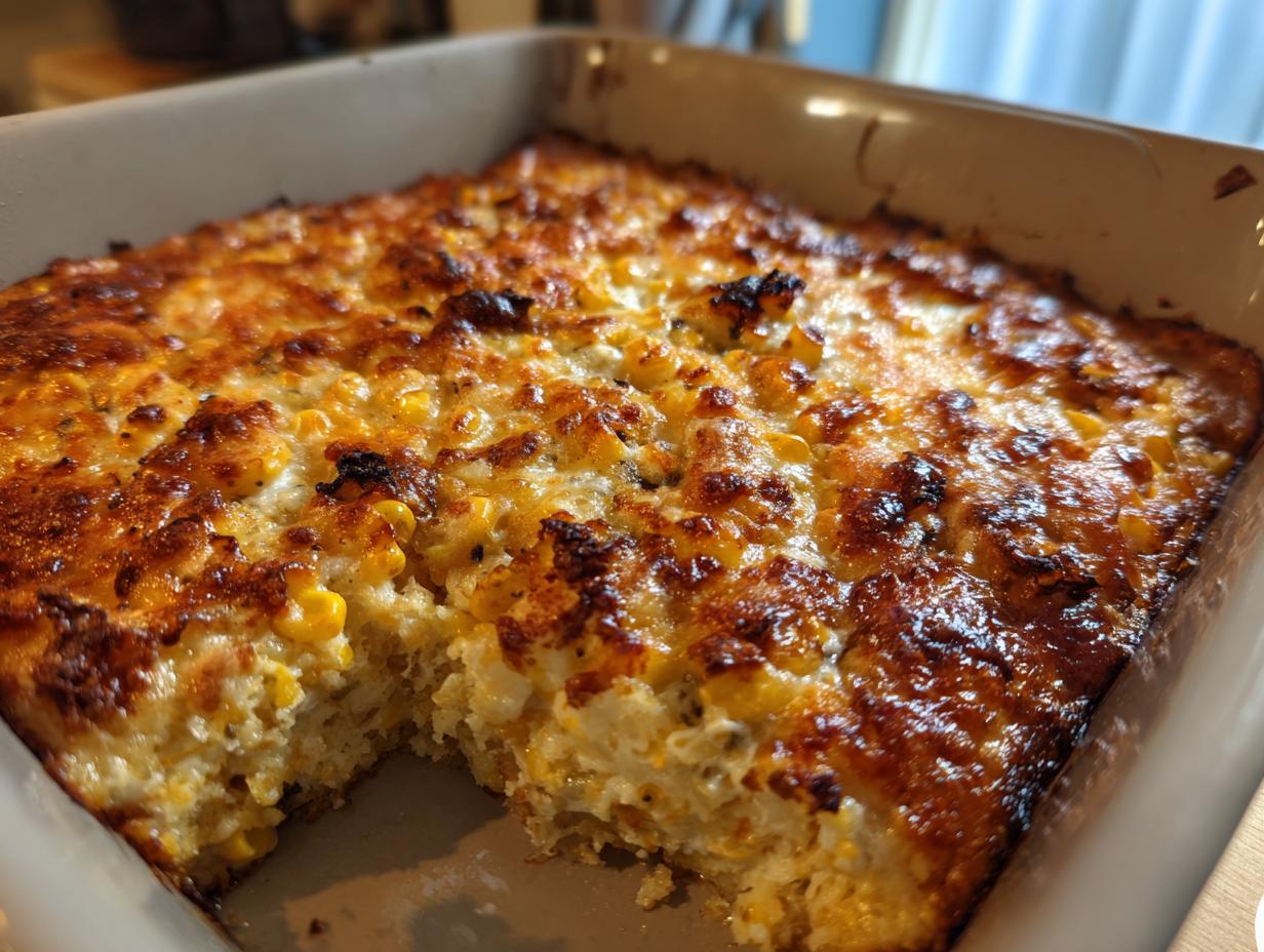 Close-up of a freshly baked elote dip in a casserole dish, showing a bubbly, golden-brown, cheesy top layer.