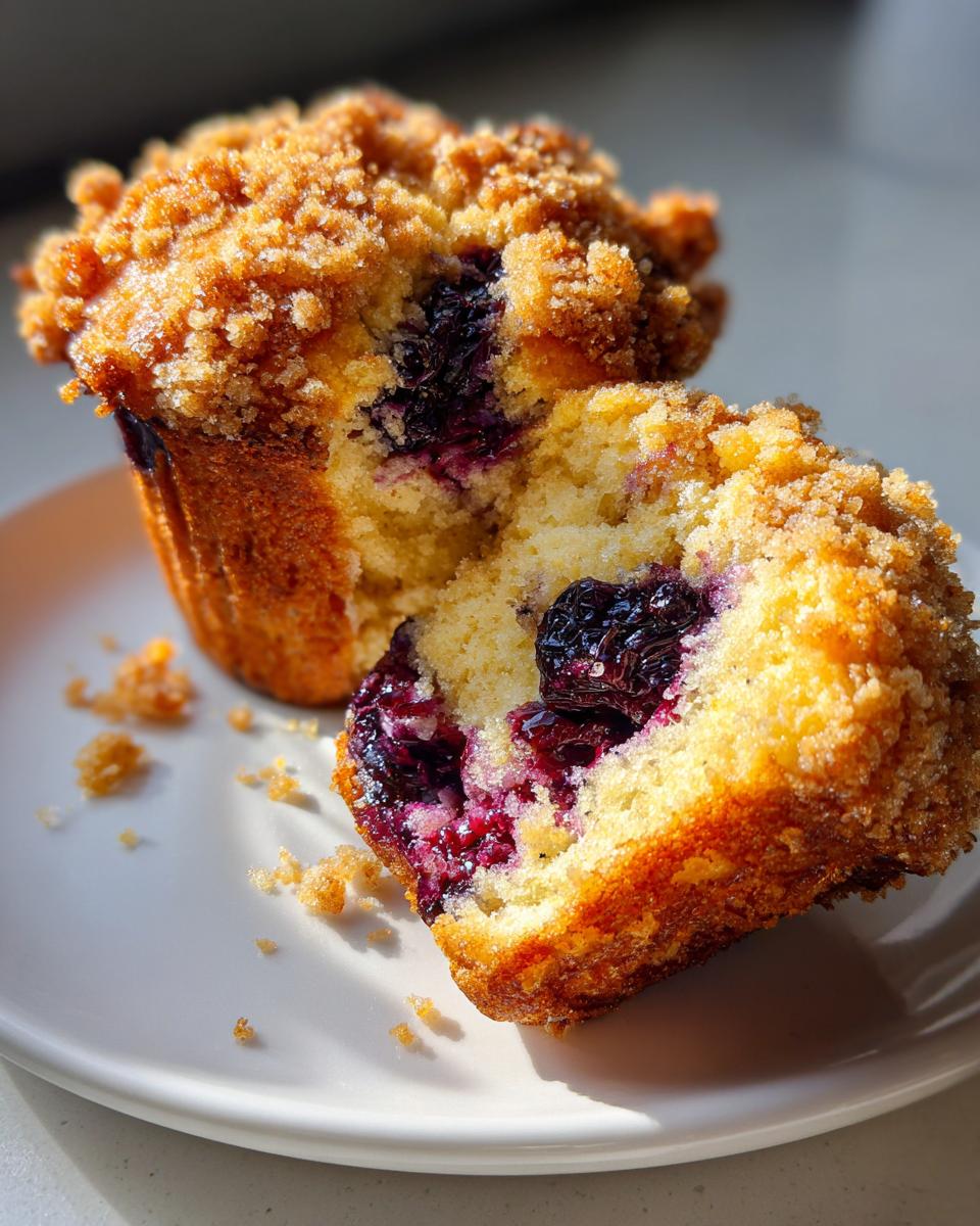 Close-up of a delicious blueberry muffin cut in half, revealing moist interior and juicy berries, topped with streusel.