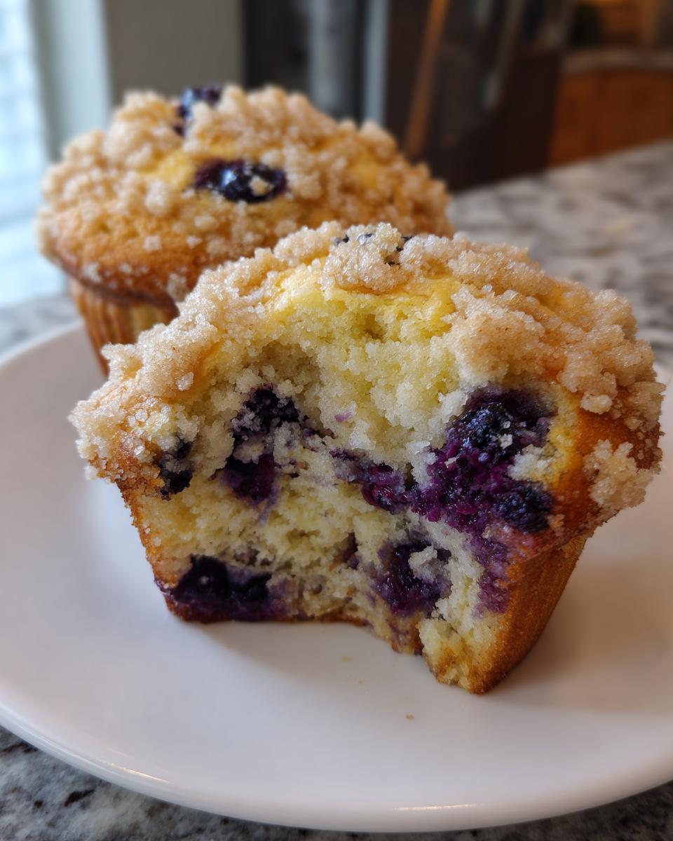 A blueberry muffin cut in half showing moist interior packed with blueberries and a sugary crumb topping.