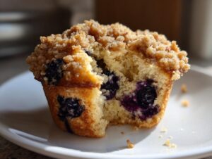 A delicious blueberry muffin with a bite taken out, showing the moist interior and brown sugar crumb topping.