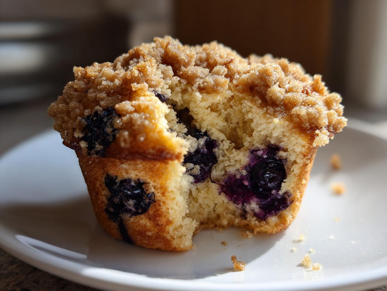 A delicious blueberry muffin with a bite taken out, showing the moist interior and brown sugar crumb topping.