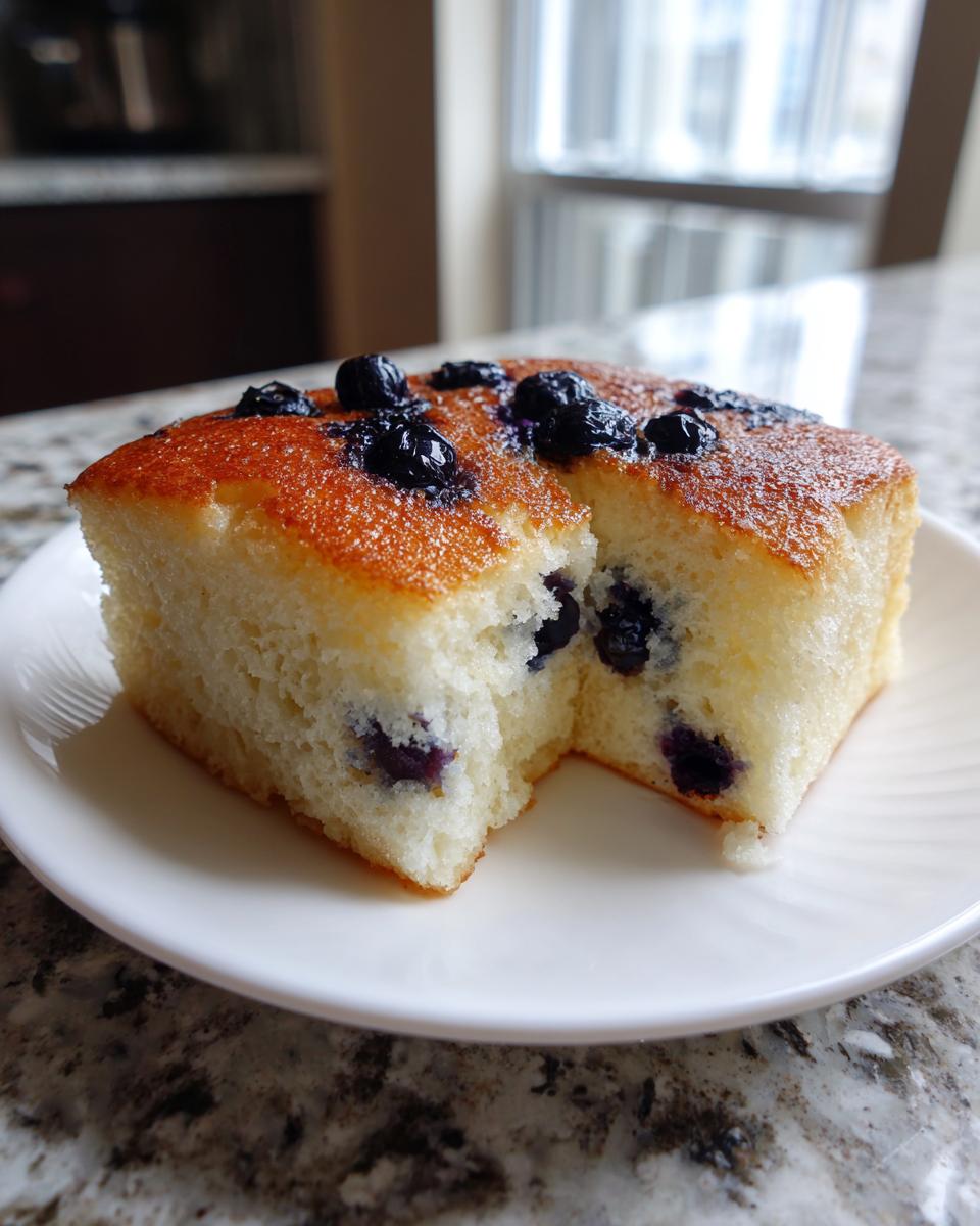 Two squares of fluffy blueberry sheet pan pancakes served on a white plate.