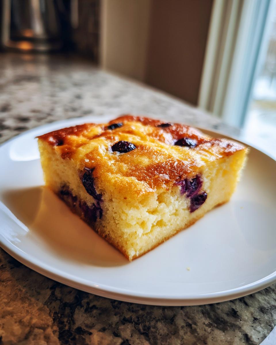 A square slice of golden blueberry sheet pan pancakes served on a white plate.